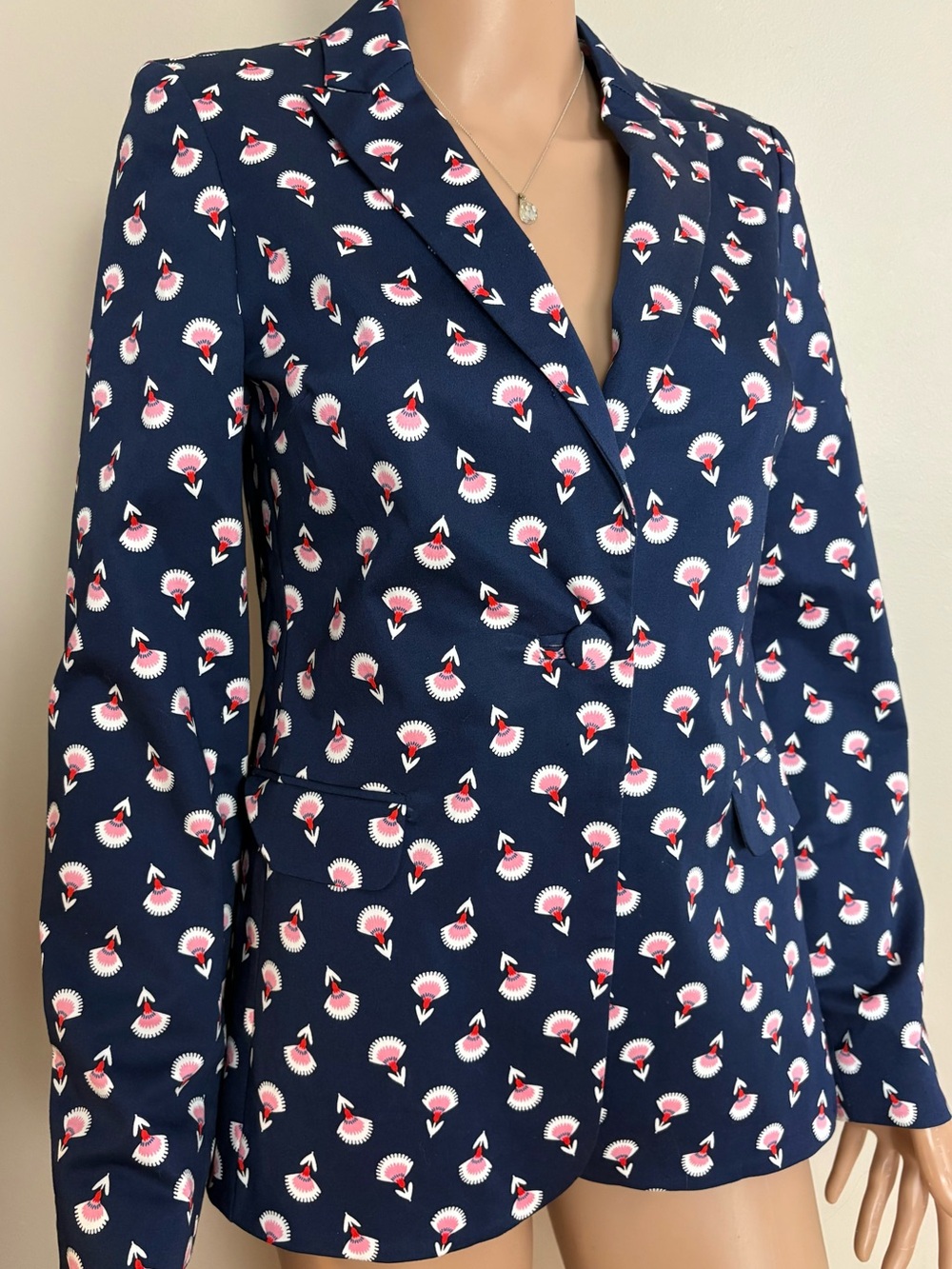 Women's BODEN Navy Blue Pink White FLORAL Fan Print BLAZER Suit JACKET  4